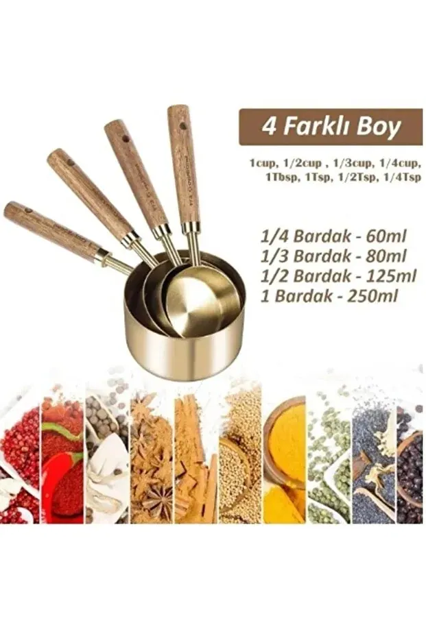 BEYZANA 4 Adet Büyük Boy Paslanmaz Çelik Ahşap Saplı Ölçü Kaşığı Seti Ölçü Kabı 60ml 80ml 125ml 250ml - görsel 5