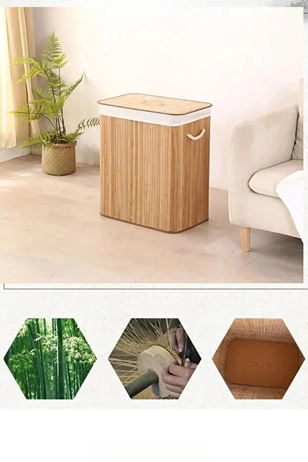 BEYZANA İki Bölmeli Bambu Naturel Çamaşır Sepeti - Mega Katlanabilir Çamaşır Sepeti - görsel 4