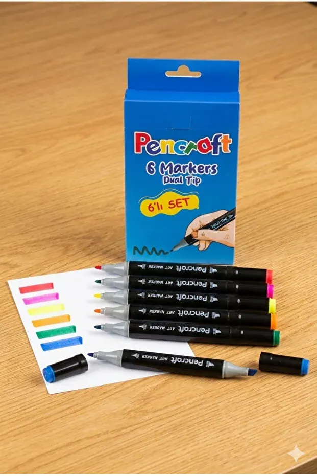 BEYZANA 6 Renkli Çift Uçlu Kalın/İnce Uçlu Keçeli Marker Seti - Profesyonel Çizim ve Boyama - görsel 2