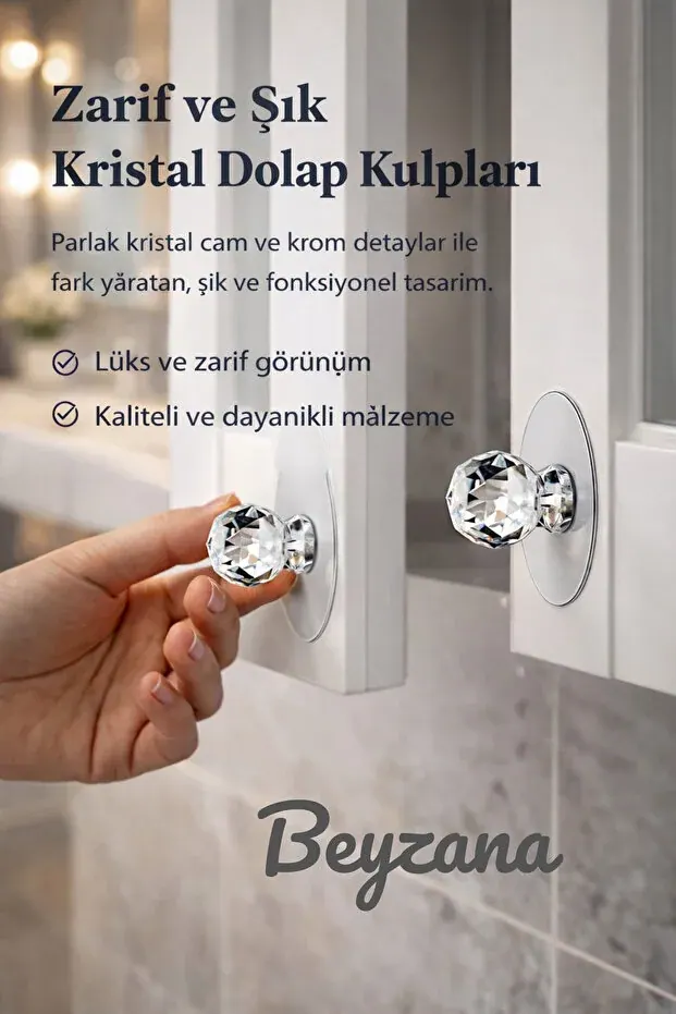 BEYZANA Çok Amaçlı 2li Kristal Topuz Kendinden Yapışkanlı Çekmece Kulpu 2li Yapışkan Askı Tutucu Düzenleyici - görsel 2