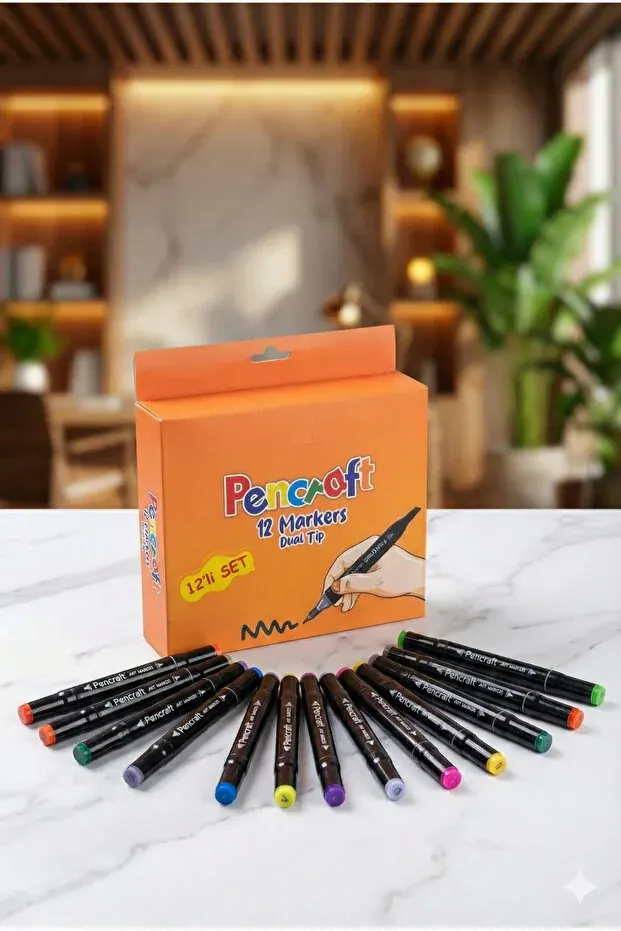 BEYZANA 12 Renkli Çift Uçlu Kalın/İnce Uçlu Keçeli Marker Seti - Profesyonel Çizim ve Boyama - görsel 3