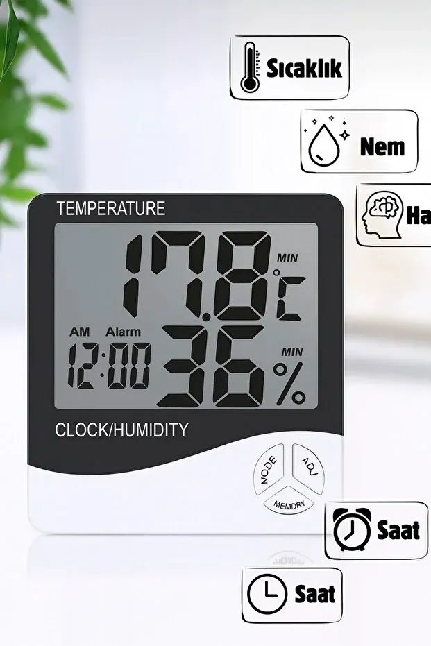 BEYZANA Dijital Termometre Sıcaklık Ve Nem Ölçer Masa Saati Alarm - görsel 2