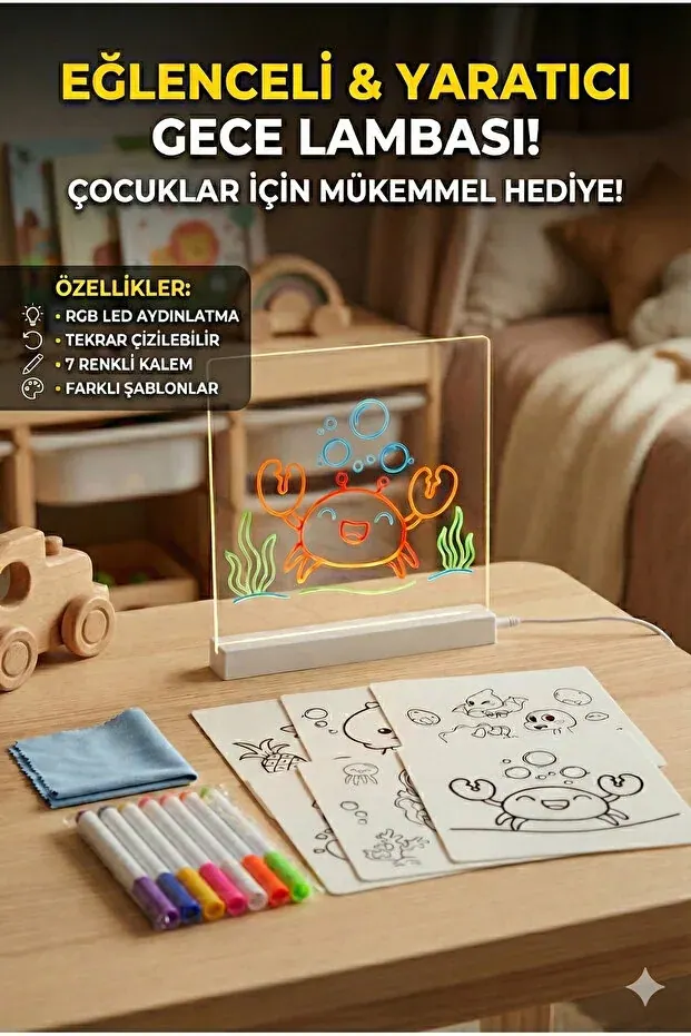BEYZANA LED Işıklı Çizim ve Boyama Tahtası Stant ve 6 Adet Kalem Hediyeli - görsel 5
