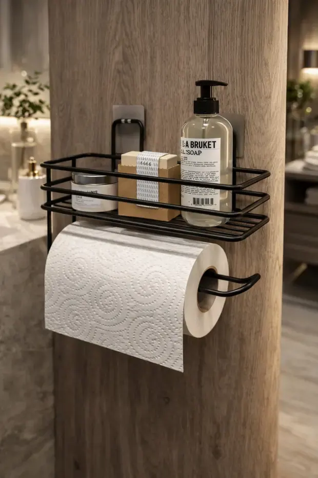 Güçlü Yapışkanlı Raflı Kağıt Rulo Havluluk Peçetelik Siyah Banyo Mutfak Düzenleyici Raf - görsel 3