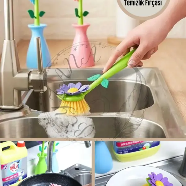 Çiçek Şekilli Temizleme Fırçası, Çıkarılabilir Saplı Mutfak Banyo Fırçası