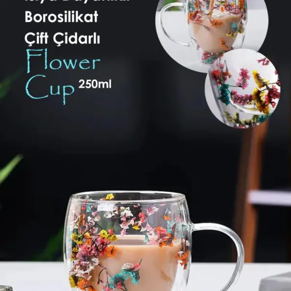 Isıya Dayanıklı Borosilikat Çift Çidarlı Flower Cup Çiçekli Bardak | Çiçekli Kahve Sunum Bardağı