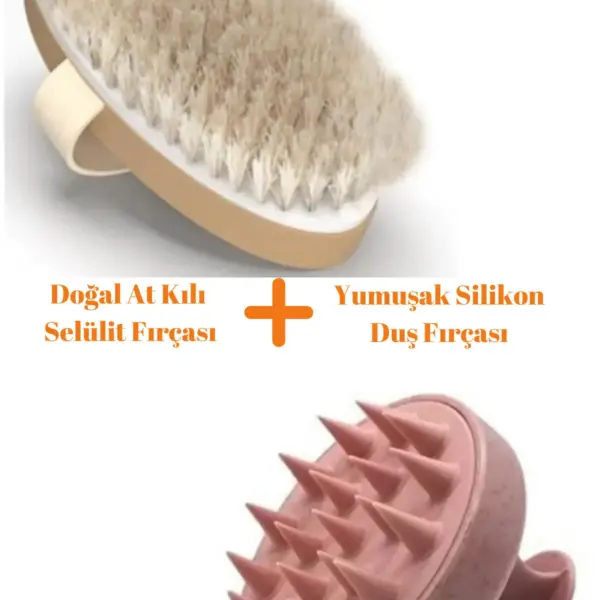 2li Set - %100 Doğal Kıl Selülit Fırçası + Yumuşak Silikon Saç Derisi Masaj Şampuan Duş Fırçası