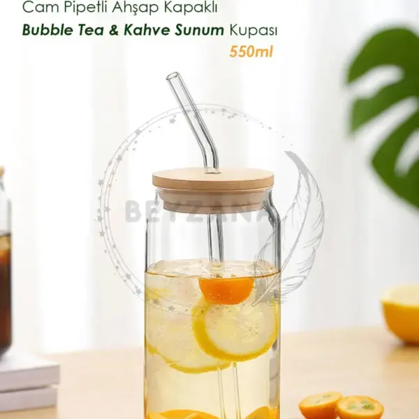 Isıya Dayanıklı Cam Pipetli Ahşap Kapaklı Bubble Tea Ve Borosilikat Bardak Kahve Sunum