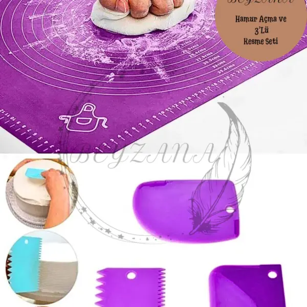 Silikon Hamur Açma Matı Ölçekli Hamur Açma Altlığı Ve 3'lü Hamur Kesici Kazıyıcı Dekoratör Set