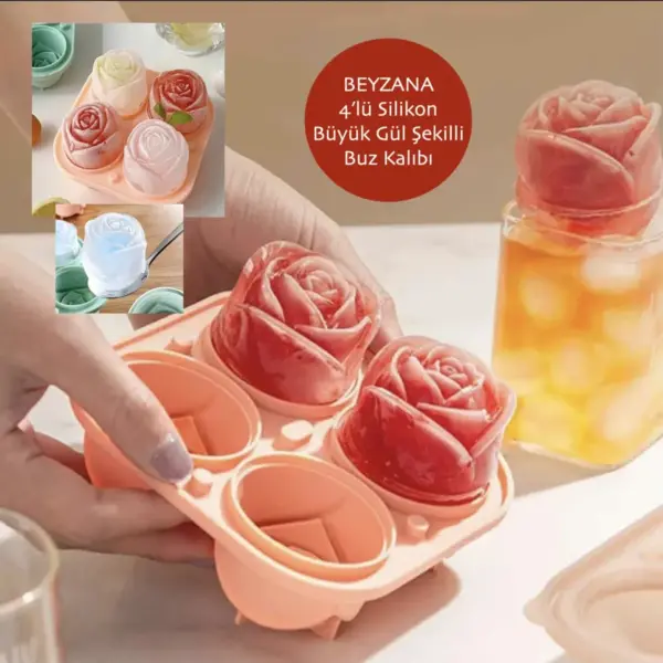 Pratik 4'lü Silikon Büyük Gül Şekilli Buz Kalıbı | 4 Adet Silikon Gül Buz Kalıbı | Sunum Buz