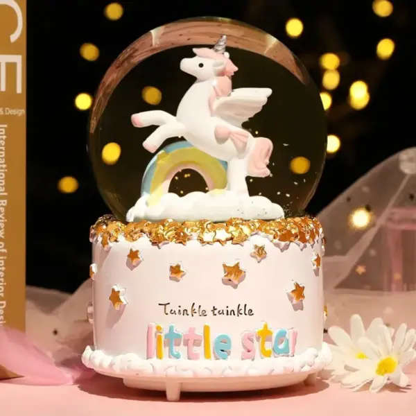Orta Boy Unicorn Temalı Gökkuşağı Müzikli Ve Işıklı Kar Küresi Unicorn